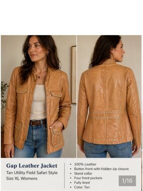 Gap Leather Jacket Tan Utility Field Safari Style XL Womens Y2K brown blazer